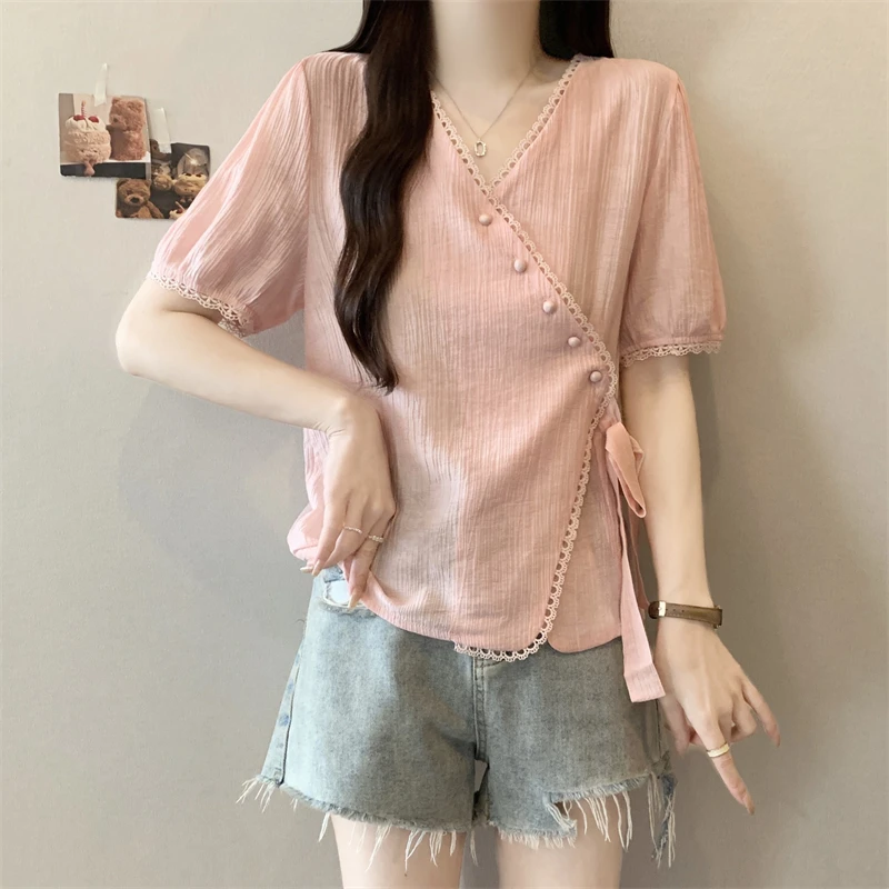 大码女装设计感系带小香风V领别致衬衫女夏季胖妹妹显瘦百搭上衣