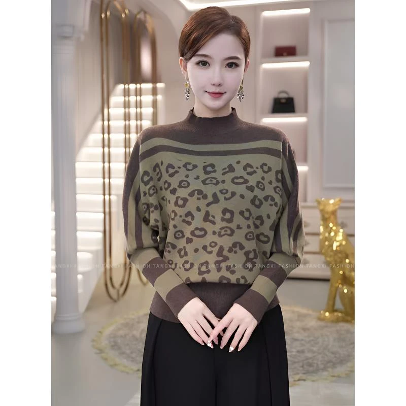 2026秋冬新款【TX-55】含绵羊毛时尚豹纹咖绿色提花设计针织毛衣