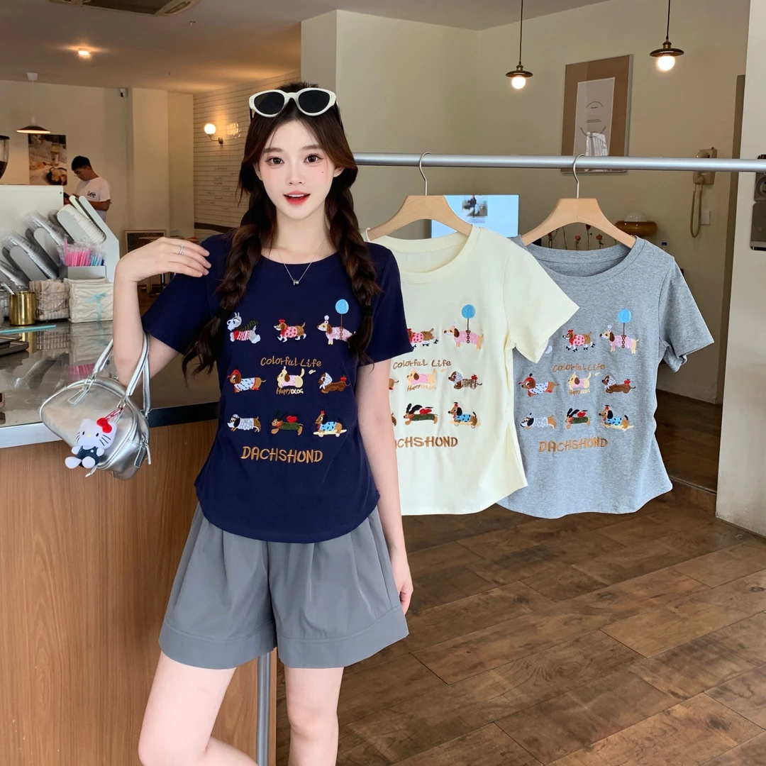 拼色吸汗薄款短袖2025夏季舒适洋气T恤减龄刺绣甜美可爱风格衣服