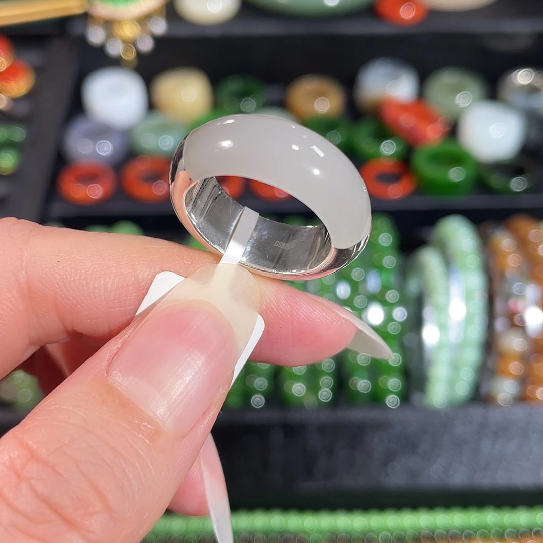 和田玉银S925镶嵌戒指内径17 冰紫实心半玉银镶