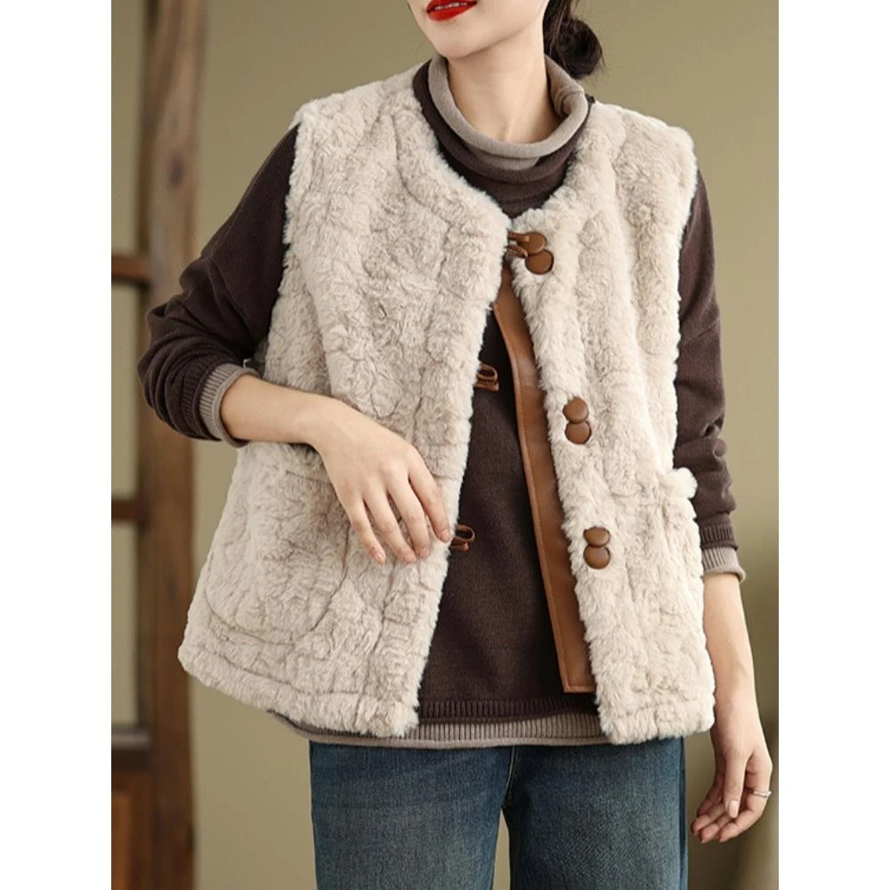 柔软羊羔毛绒马甲外套女士冬季妈妈气质彷皮毛一体绒外穿马夹背心