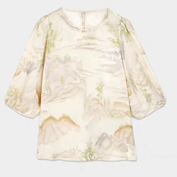 桑波段桑蚕丝短袖上衣T恤宽松领印花气质新中式 S6708