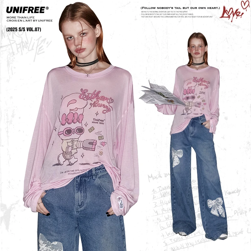 【25年夏】UNIFREE粉色宽松长袖T恤慵懒风防晒罩衫