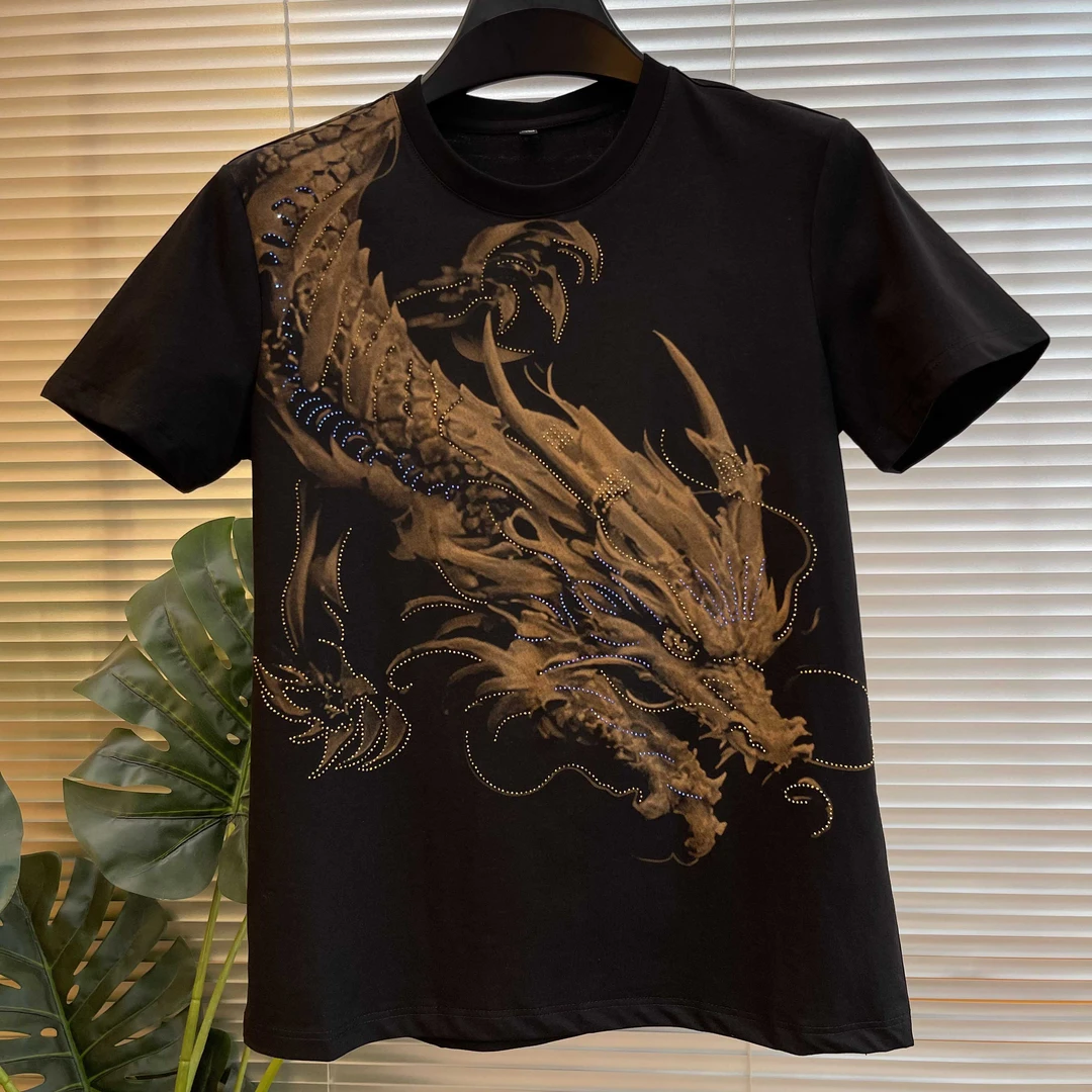 夏季圆领龙纹烫钻短袖T恤男士青年欧版高品质轻奢休闲百搭上衣潮
