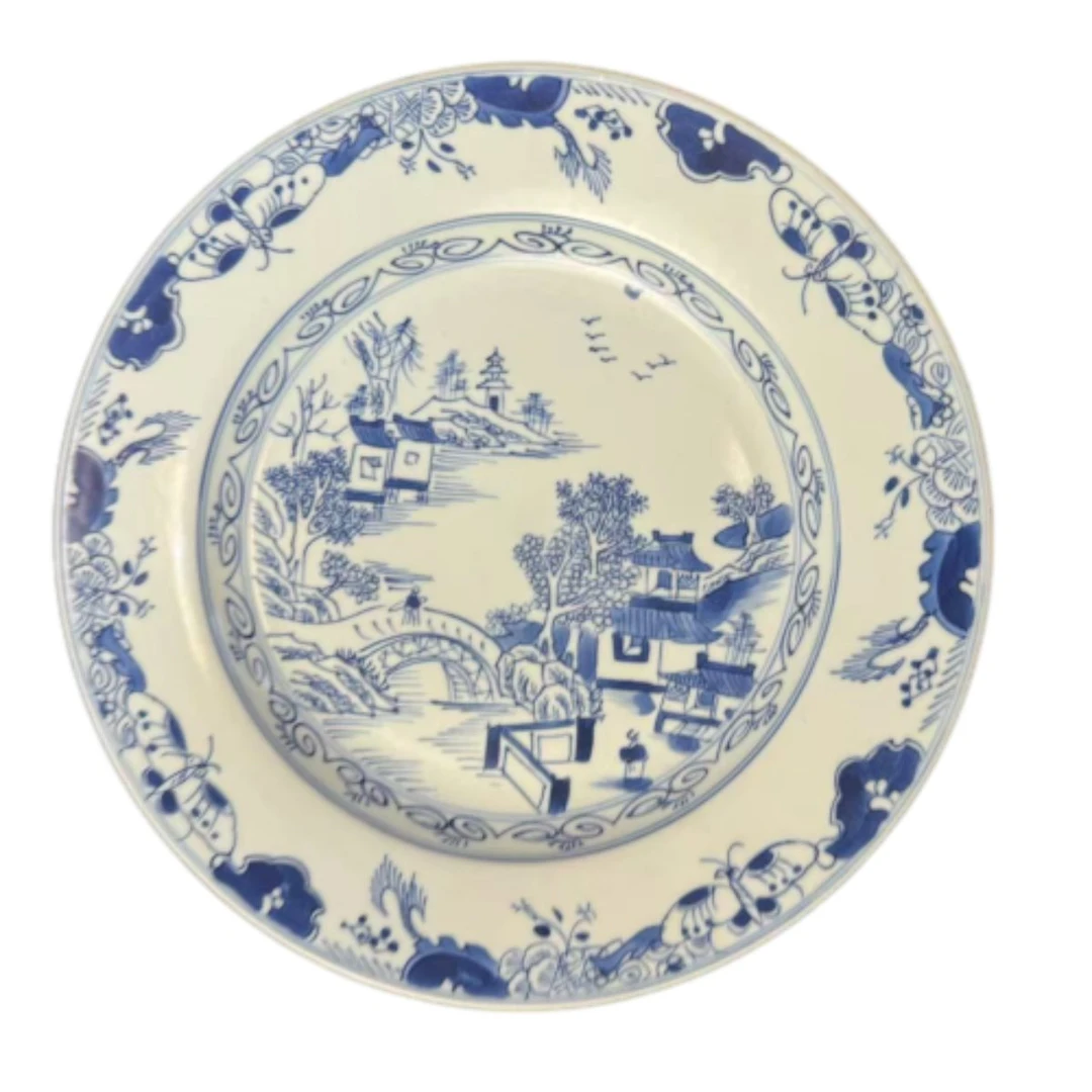 清中期吉字款青花山水人家赏盘