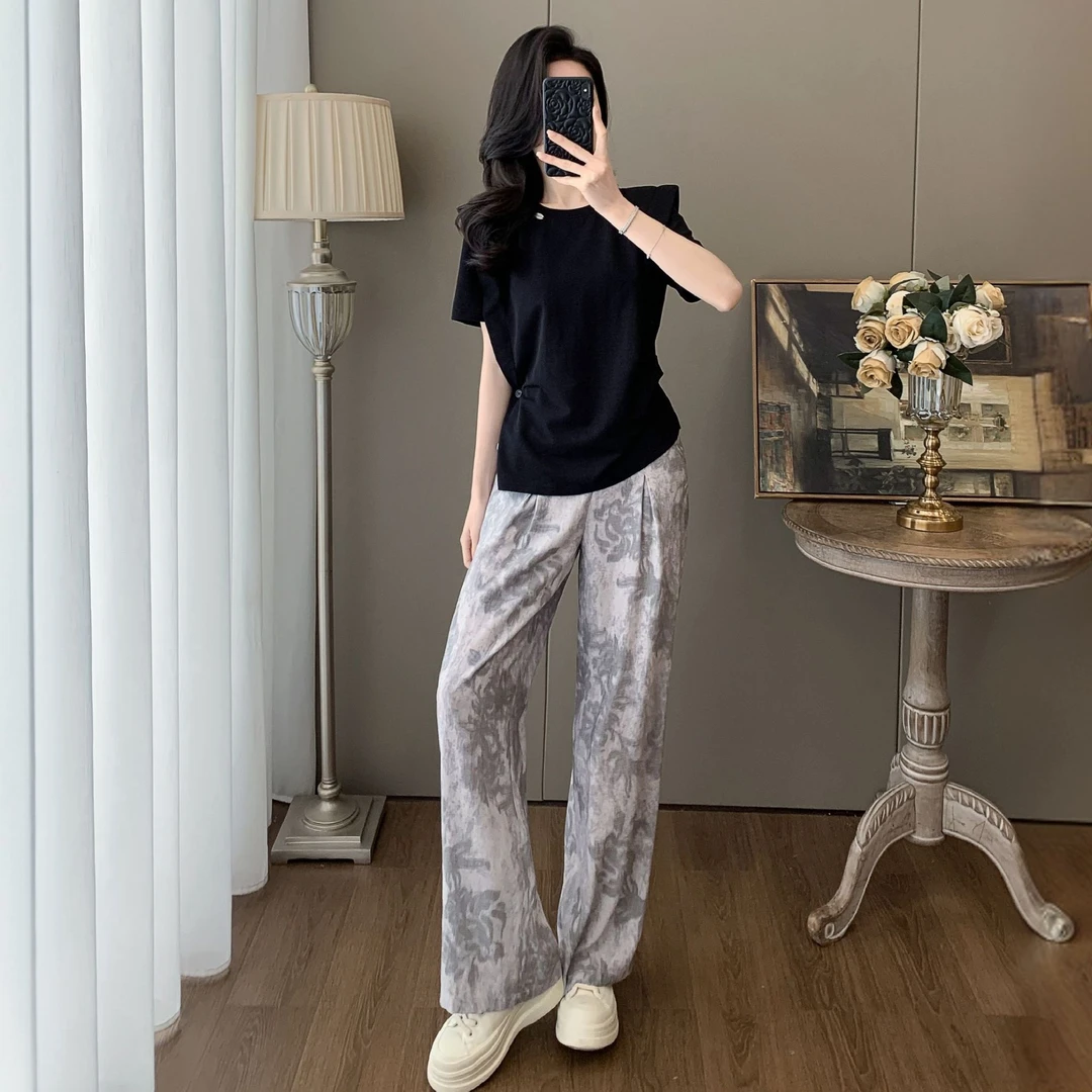 休闲套装女2025夏季新款洋气显瘦设计感短袖印花薄款阔腿裤两件套