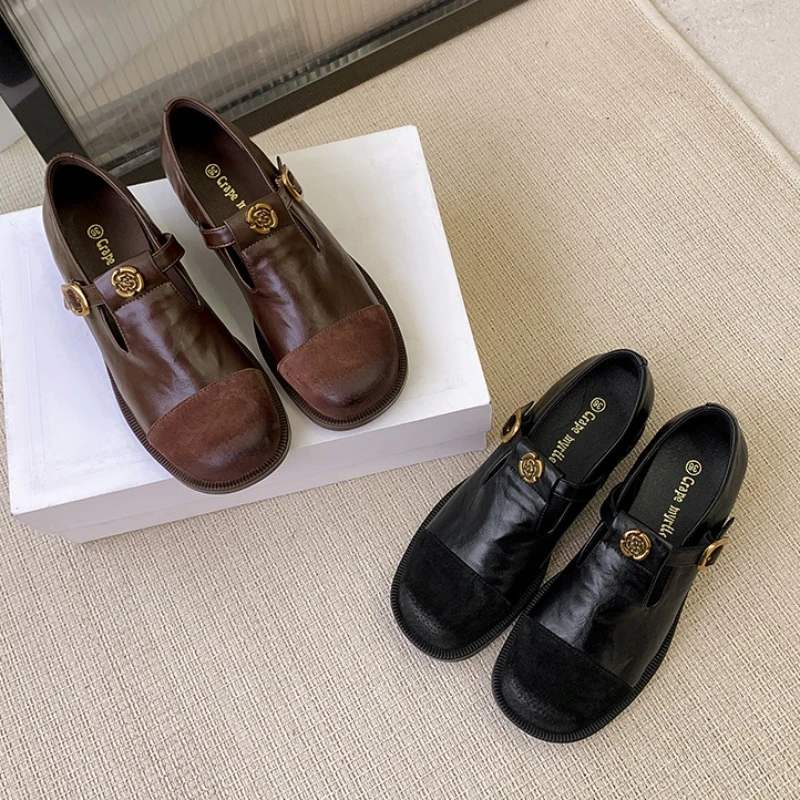 牛皮版 春季新款复古T字扣玛丽珍鞋女棕色乐福鞋低跟单鞋小皮鞋潮