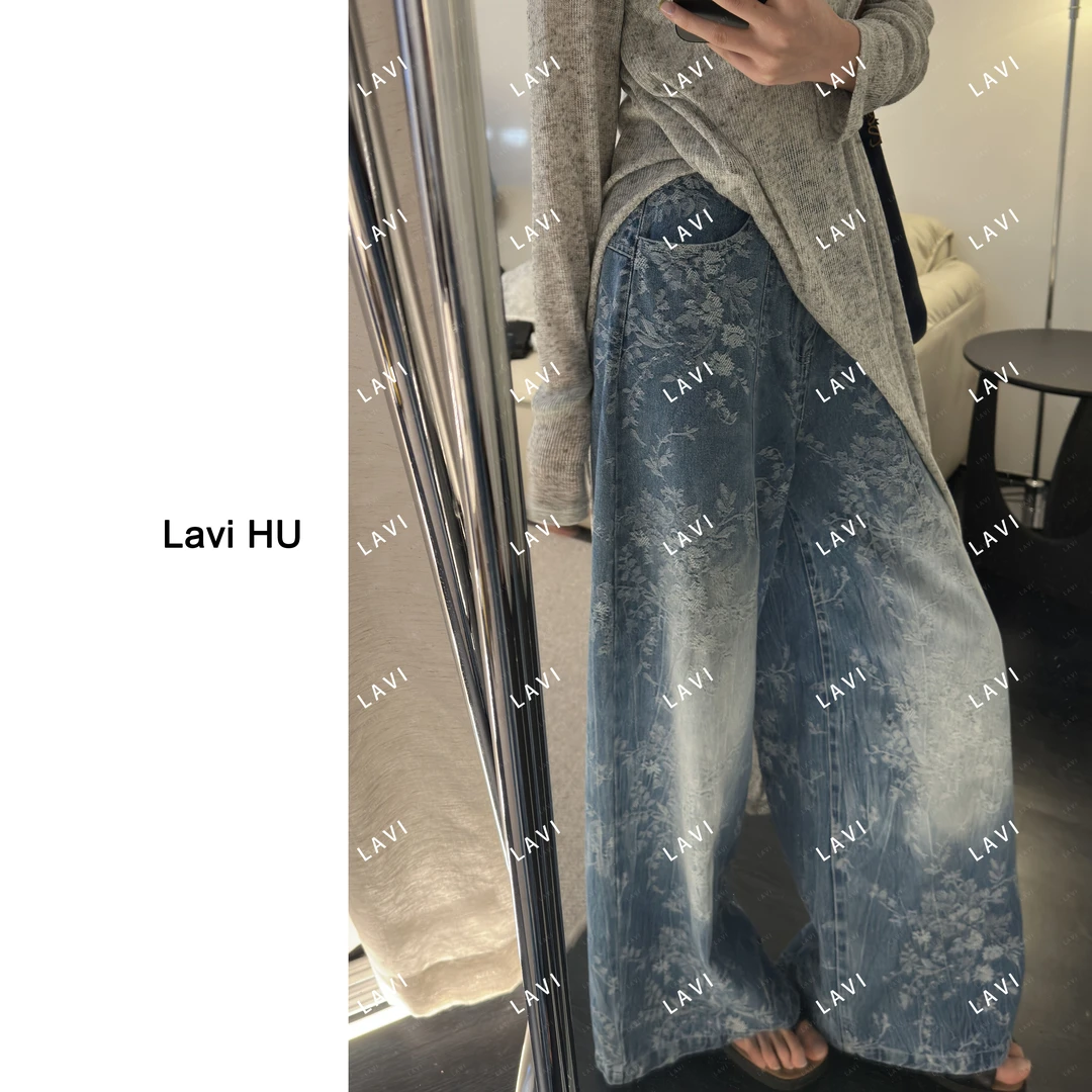 花影摇曳 时尚百搭重工提花做旧水洗休闲牛仔裤37001