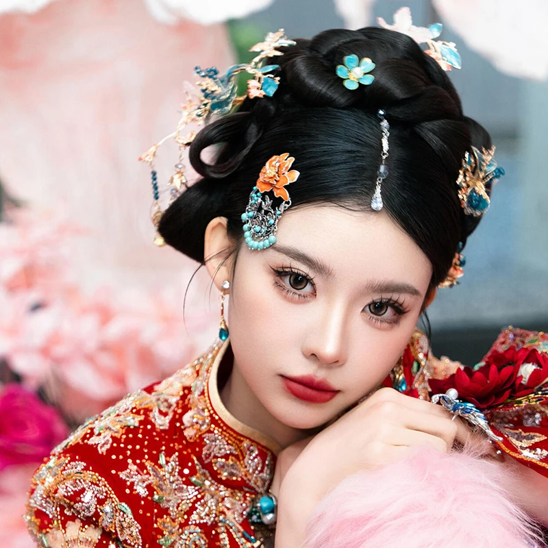 水舞U2103复古民族风耳环镂空花仿松石多层雕花新娘古风发饰