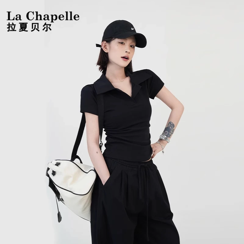 拉夏贝尔纯色Polo领正肩短袖T恤女夏季新款韩系修身短款套头上衣