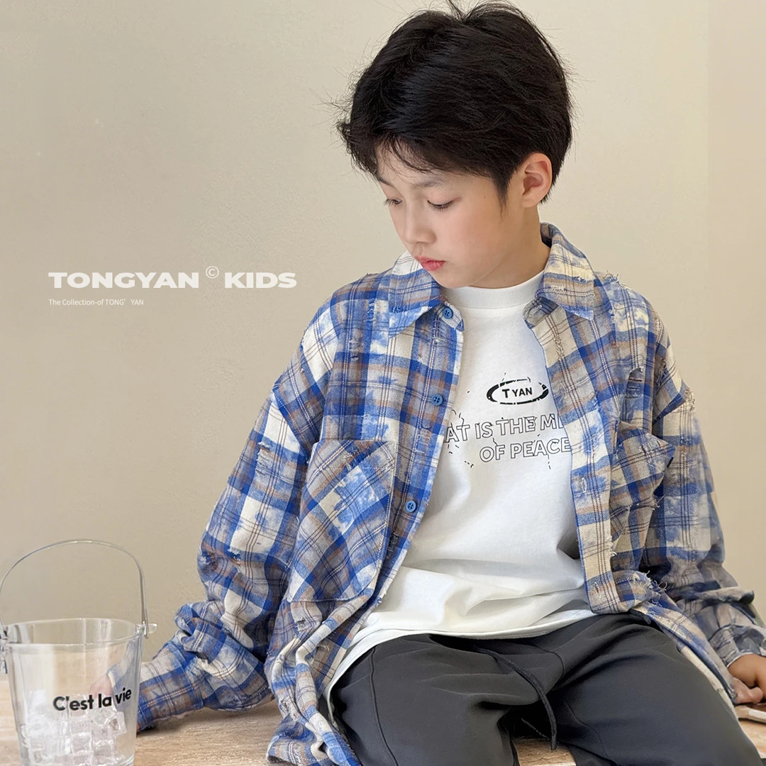 男童长袖衬衫薄款2025春装破洞洋气扎染儿童衬衣男孩外套TY02951
