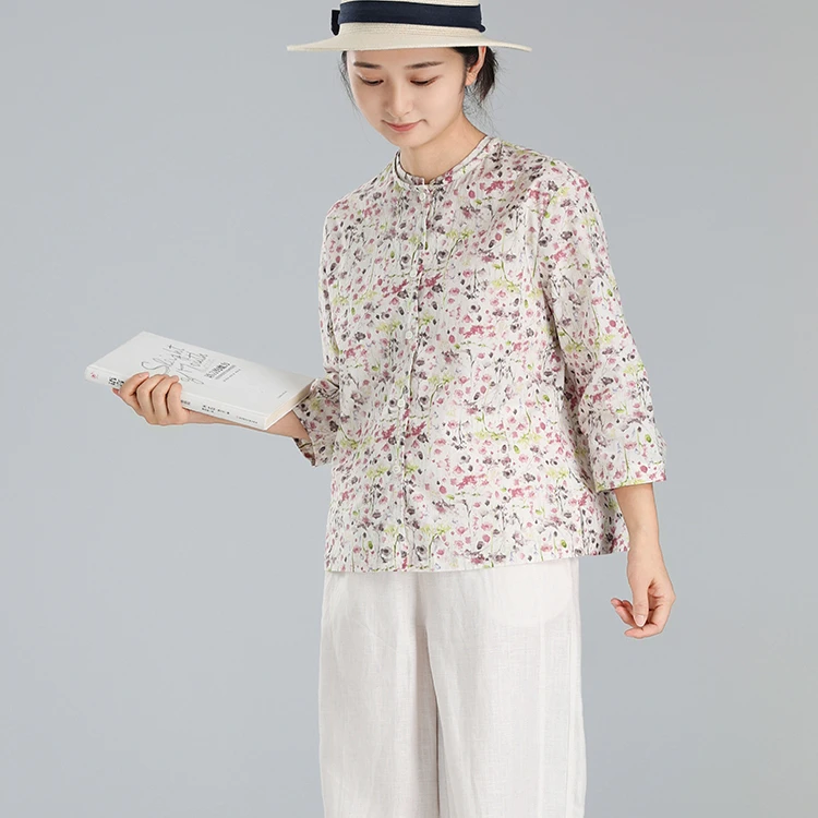 尘染森系碎花衬衫女2025早春新款复古衬衣纯棉七分袖设计感上衣