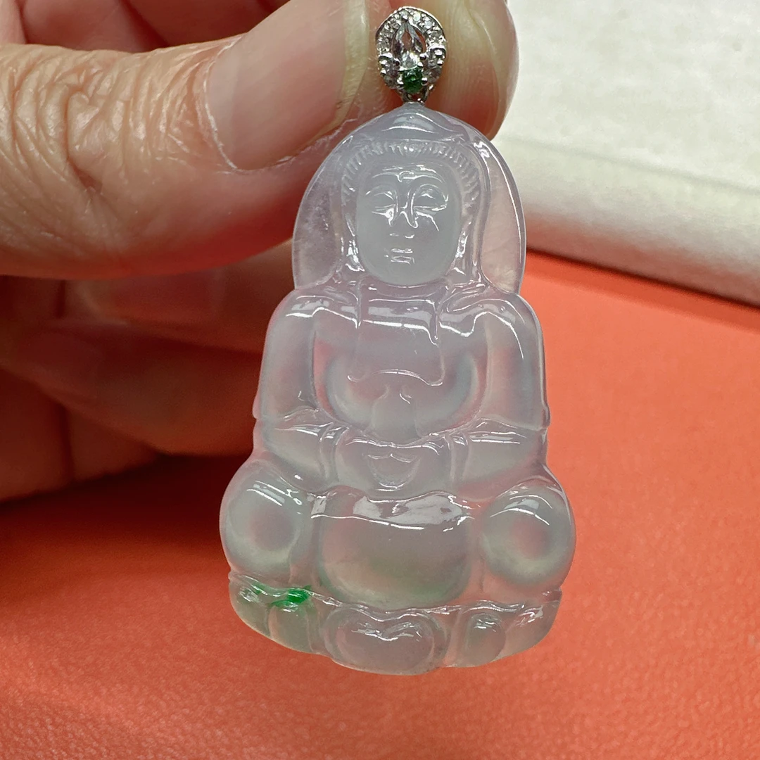 天然缅甸翡翠A货，18k冰绿正装小观音，尺寸36.5/23/3.4