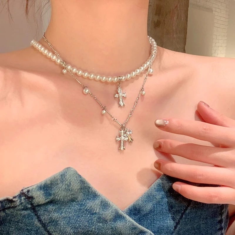 铜合金项链 十字架双层叠戴项链女高级感轻奢小众锁骨链