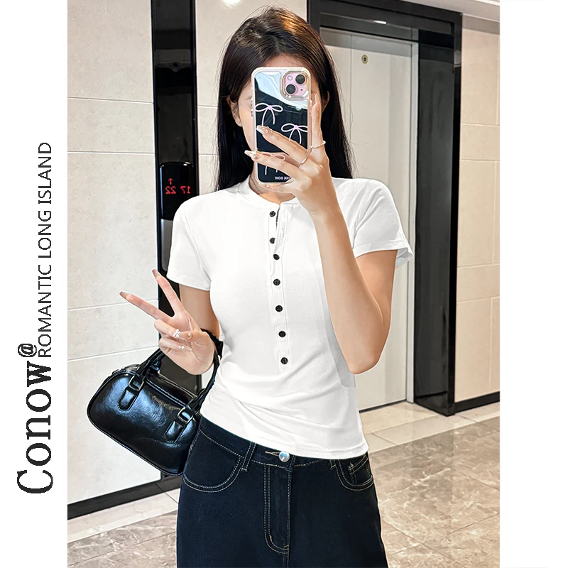 美式辣妹心机半开领短袖T恤女夏季新款ins正肩纯欲修身上衣