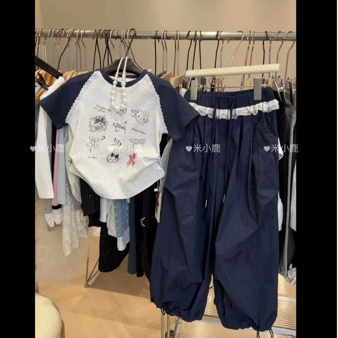 童装女童套装25女孩短袖工装长裤花边百搭休闲可束脚可调阔腿裤潮