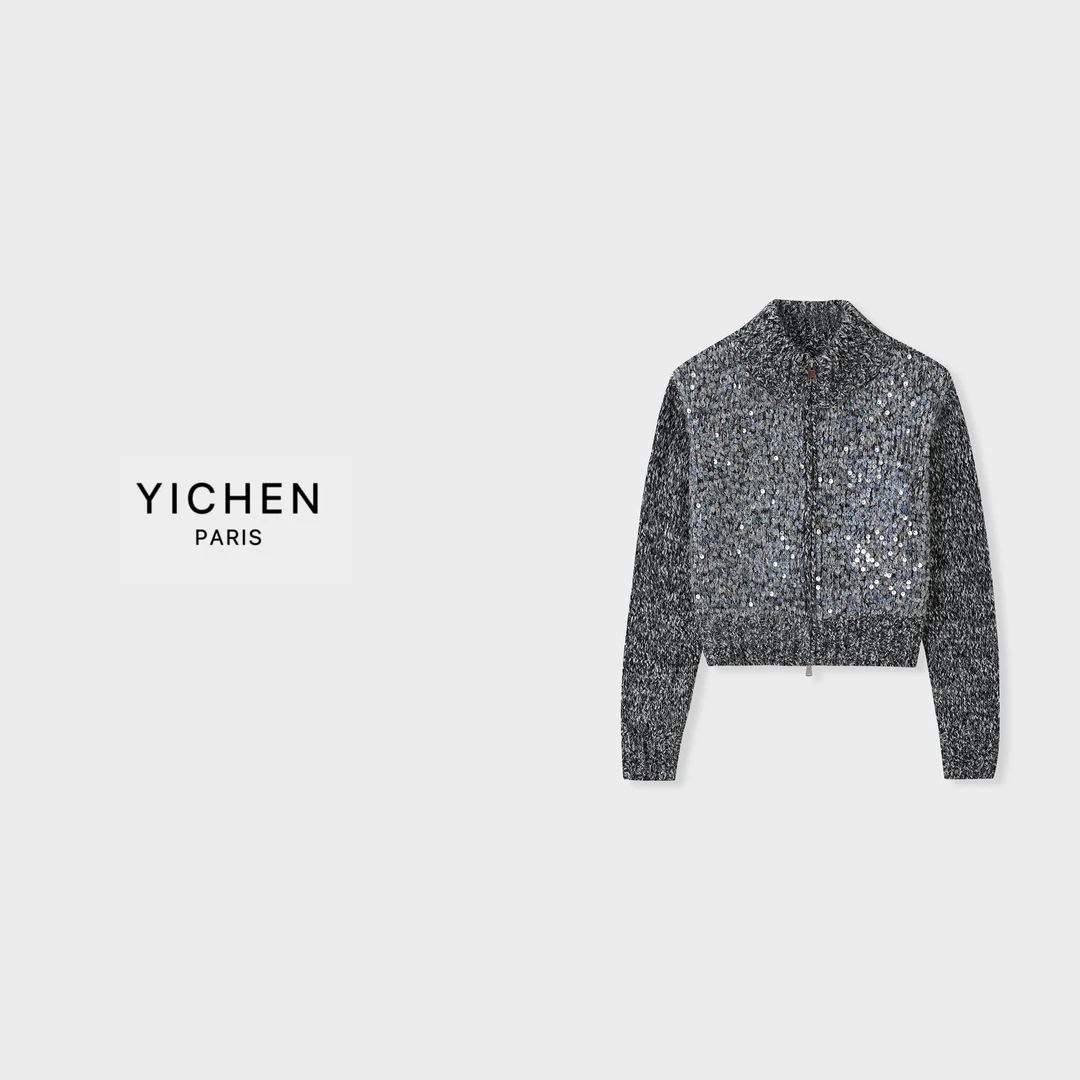YC 花灰色重工亮片中高领短款针织毛衣外套-2738