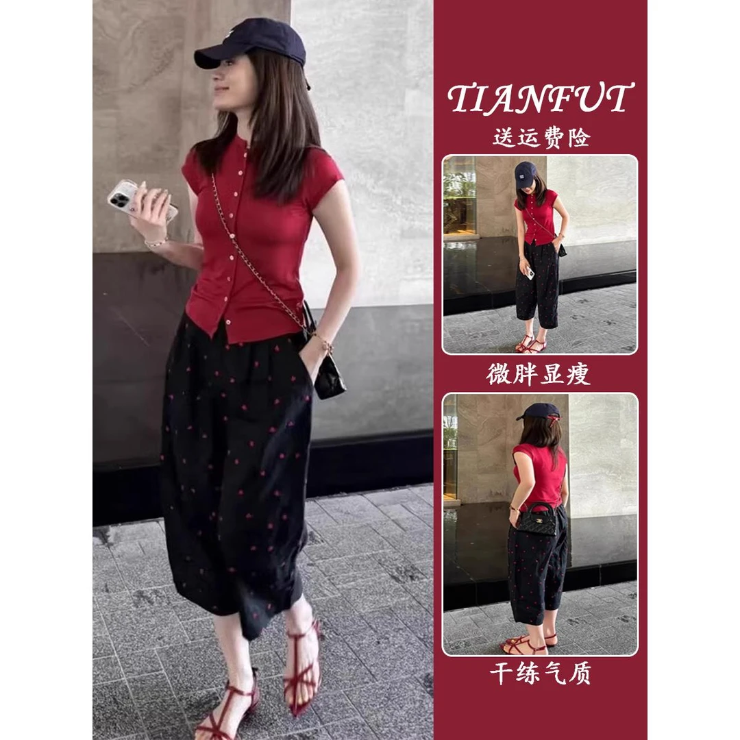 炸街减龄时尚小个子显高红色T恤阔腿裤高级感超好看的套装女夏季