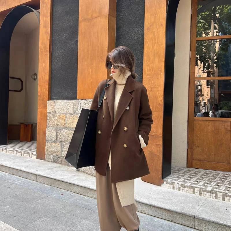 玲姐定制-中长款小个子高级感毛呢外套休闲显瘦外搭大衣57533