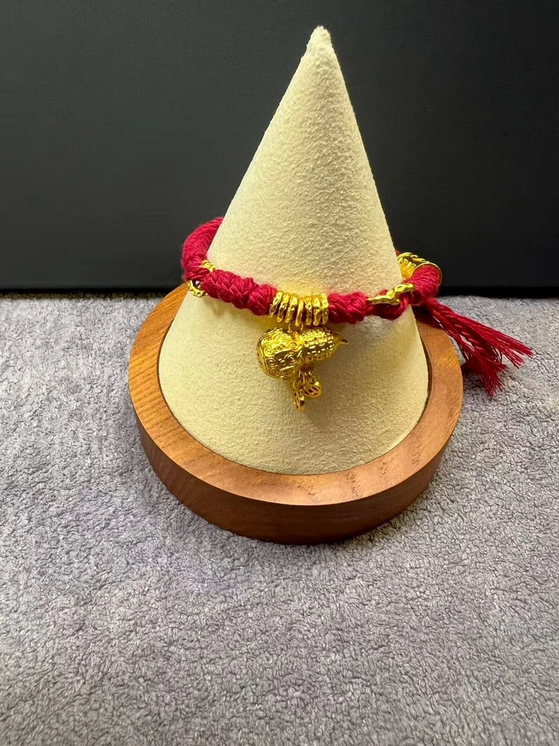 铜合金手链 新中式藏风锤纹盘缠钱币葫芦黄财神弯管红绳手链