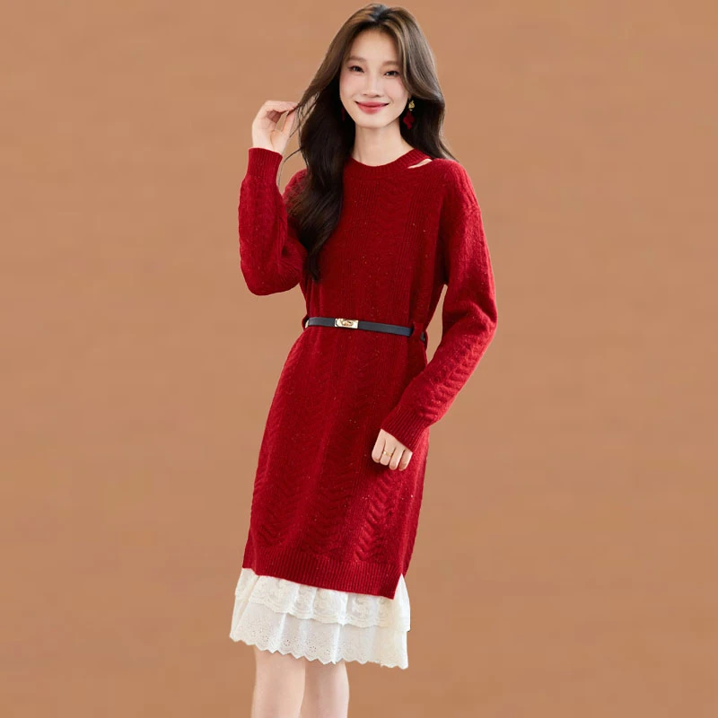 时尚蕾丝拼接针织连衣裙女内搭2025新款秋冬洋气配大衣打底毛衣裙