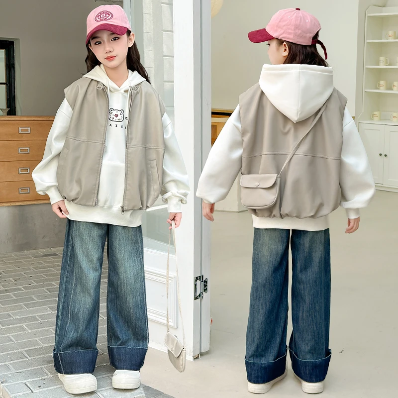 女童秋装套装2025新款6-12岁儿童洋气休闲皮马甲卫衣牛仔裤三件套