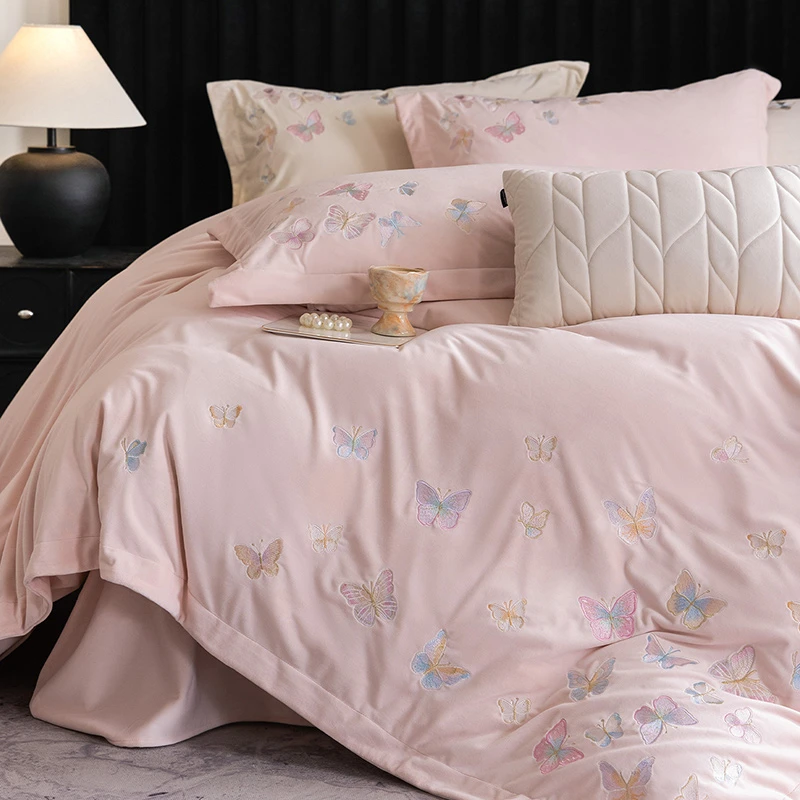 轻奢高端婴儿绒纯色蝴蝶刺绣被套罩冬季加厚牛奶绒床单床笠四件套