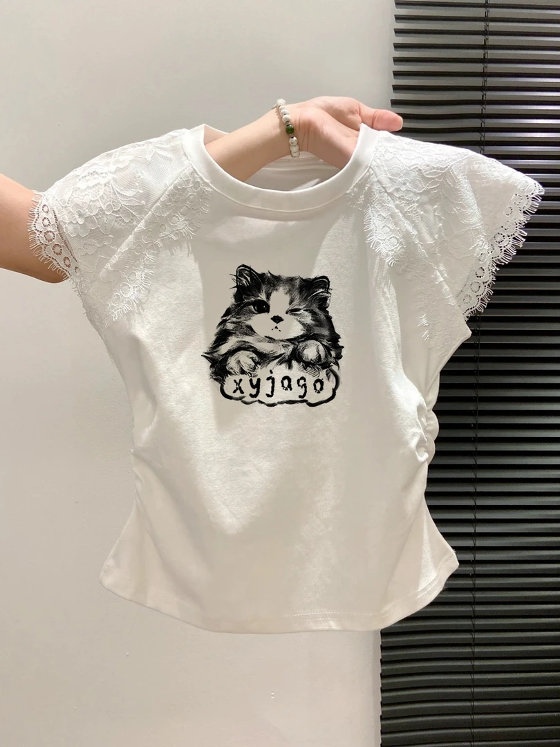 2025夏季新款小飞袖上衣蕾丝拼接圆领短袖t恤女爆款褶皱收腰显瘦