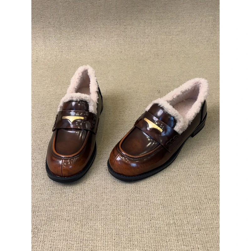 nnmiss/2.5cm复古圆头小金扣乐福鞋女加绒保暖一脚蹬毛毛鞋