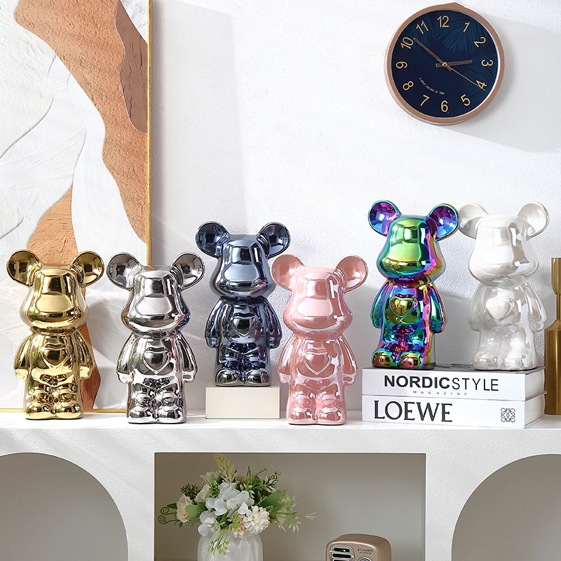 28cm北欧高档爱心熊摆件存钱罐客厅电镀陶瓷爱心熊酒柜轻奢潮玩