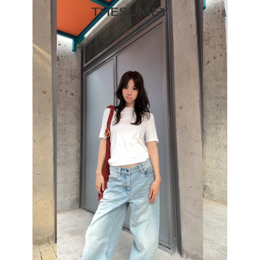 THESUMEY白色圆领正肩中袖t恤女25夏季新款修身显瘦百搭半袖上衣