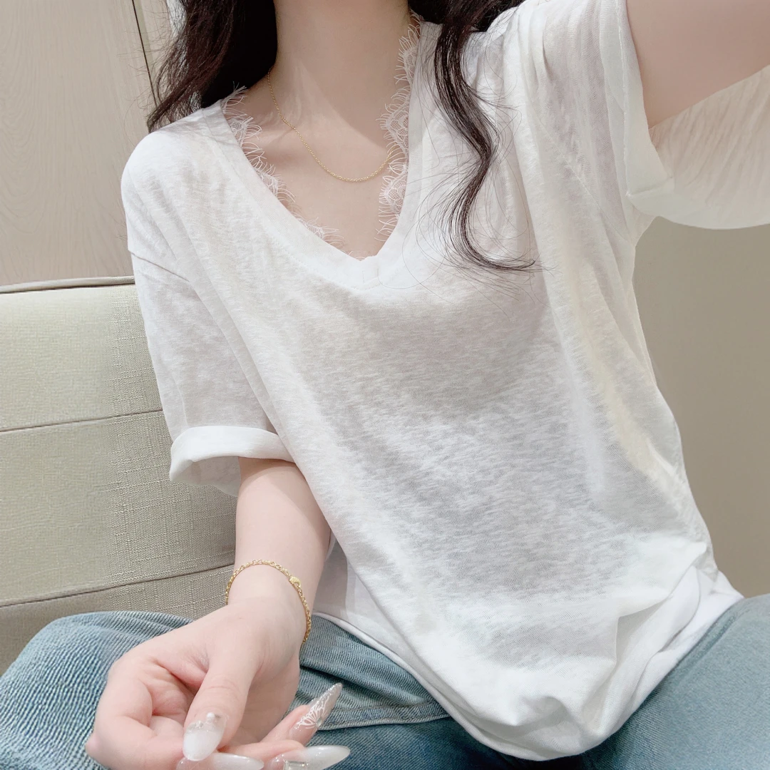 极简风白色蕾丝拼接V领雪花棉短袖T恤女夏季宽松显瘦小众潮