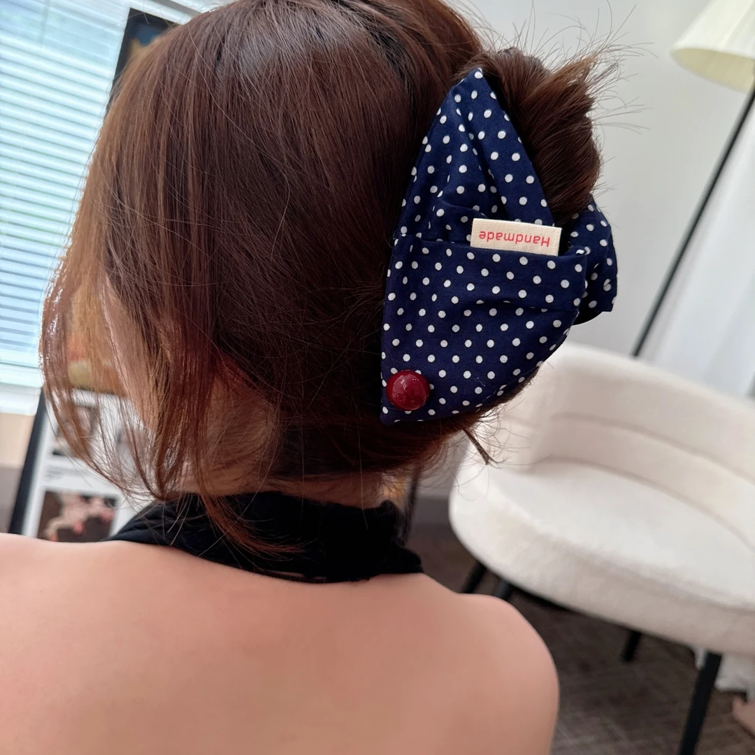 气质学院风格子三角抓夹网红撞色波点新款鲨鱼夹后脑勺盘发夹发抓