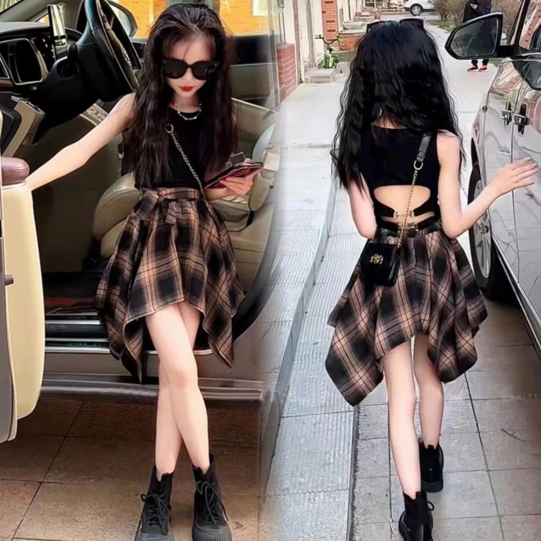 女童夏季套装背心纯棉洋气镂空露背装格子裙演出爵士舞街舞两件套