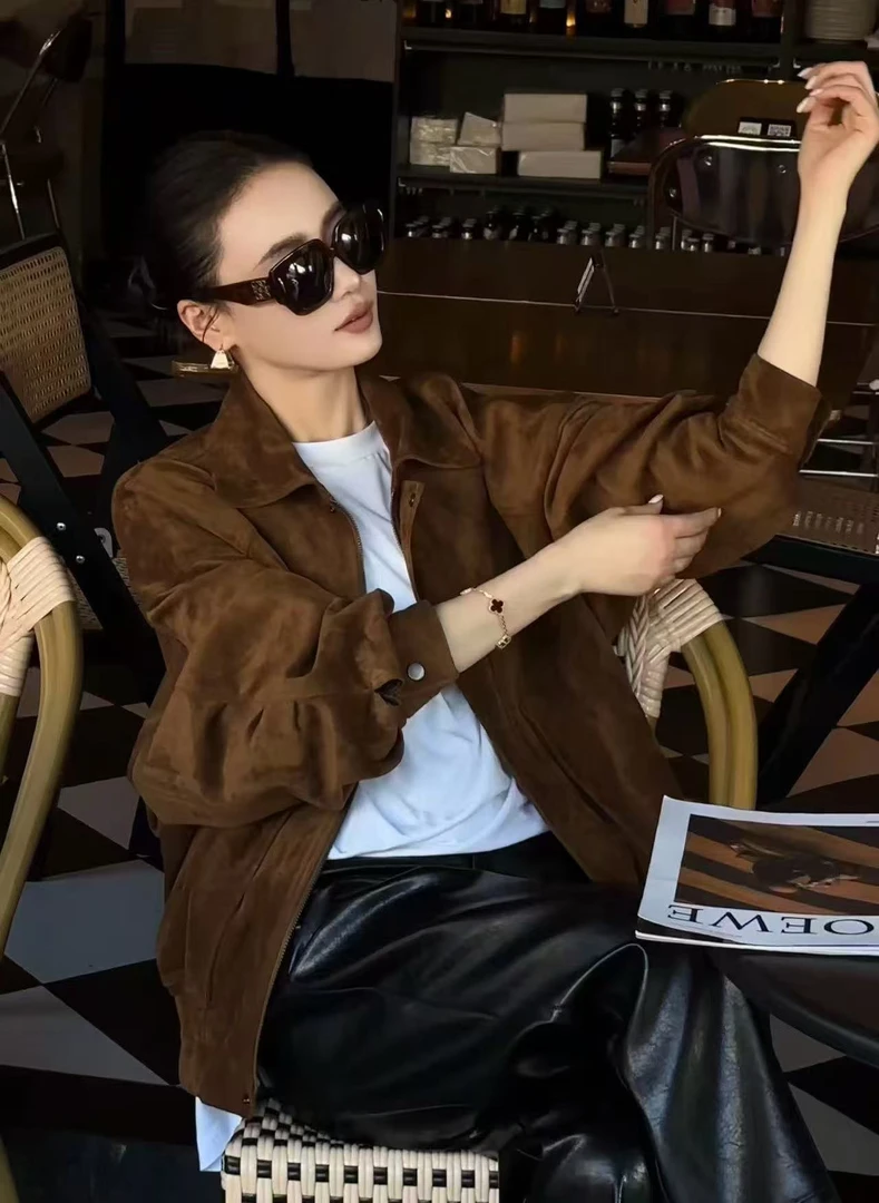 L'U'R/YI'YAO【柏林】复古美拉德宽松休闲翻领飞行夹克外套10556