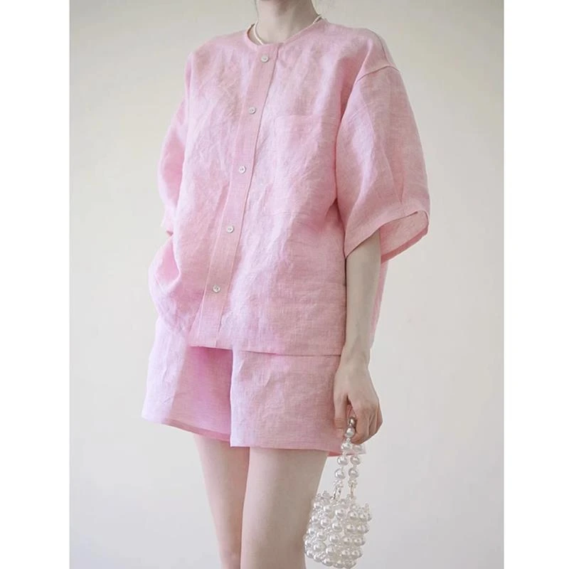 哥弟阿玛施正品法式简约轻薄透气粉色棉嘛套装短裤2025初夏新品苎