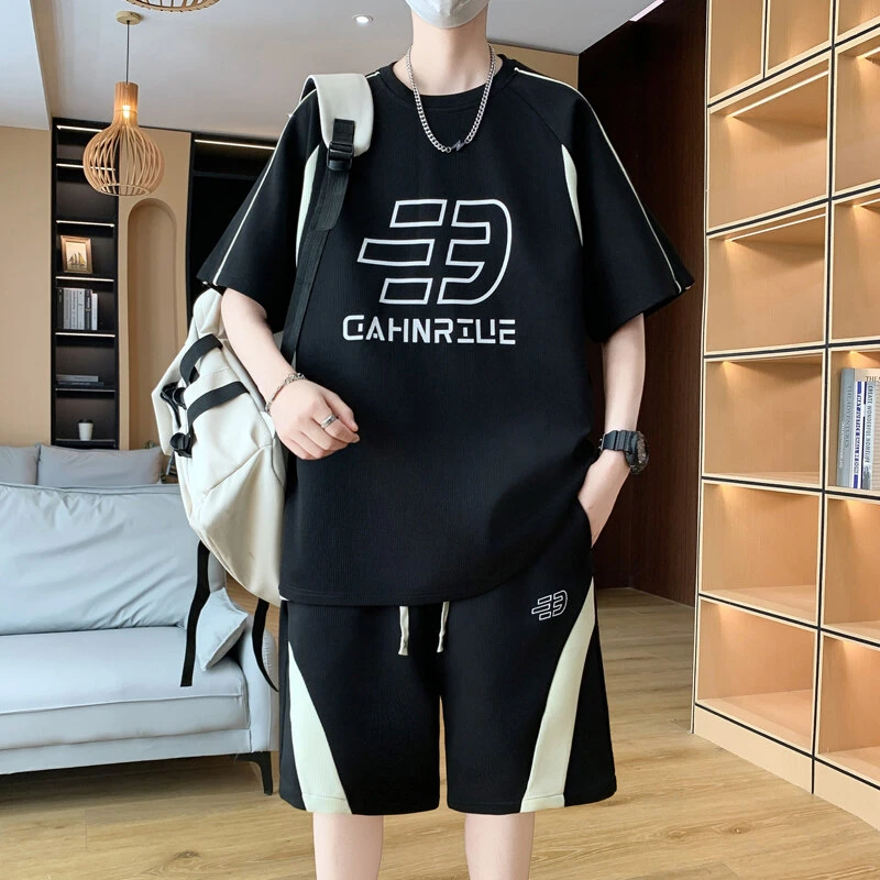 青少年薄款短袖夏季休闲运动套装男士运动学生百搭印花潮流宽松