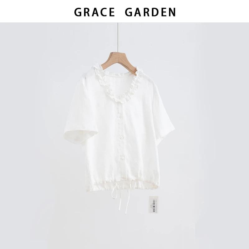 GRACE GARDEN【花边麻！】甜美减龄木耳边拼接系带衬衫NCY5C2904