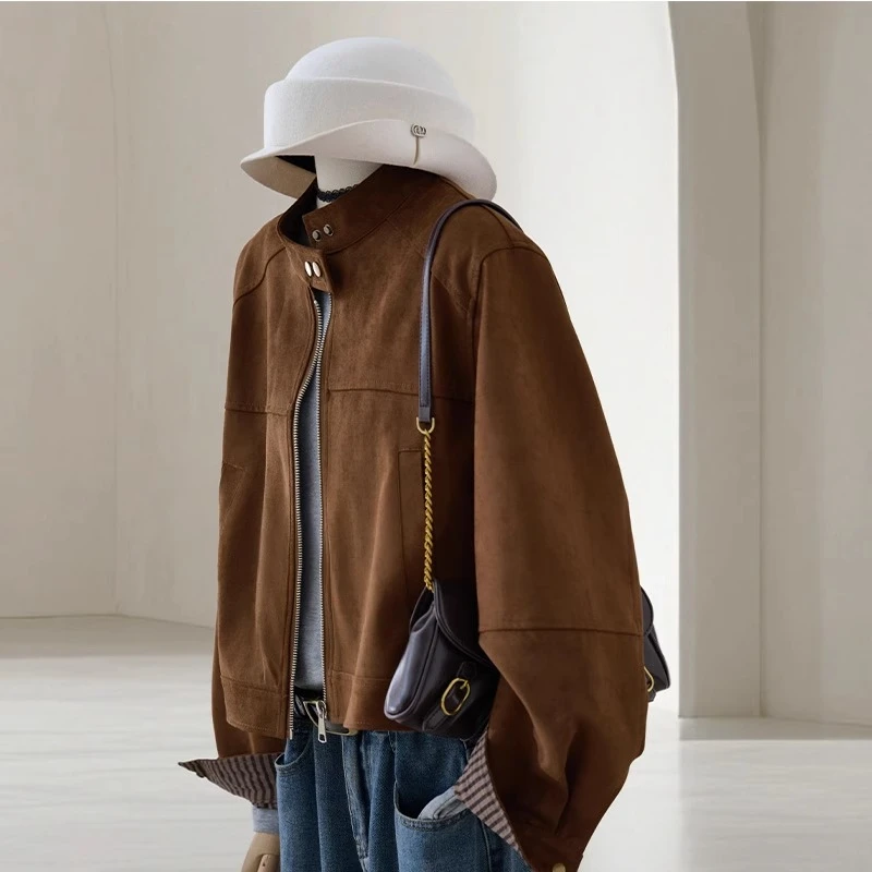 咖色立领短款外套女2025春装盐系复古通勤气质仿麂皮绒夹克