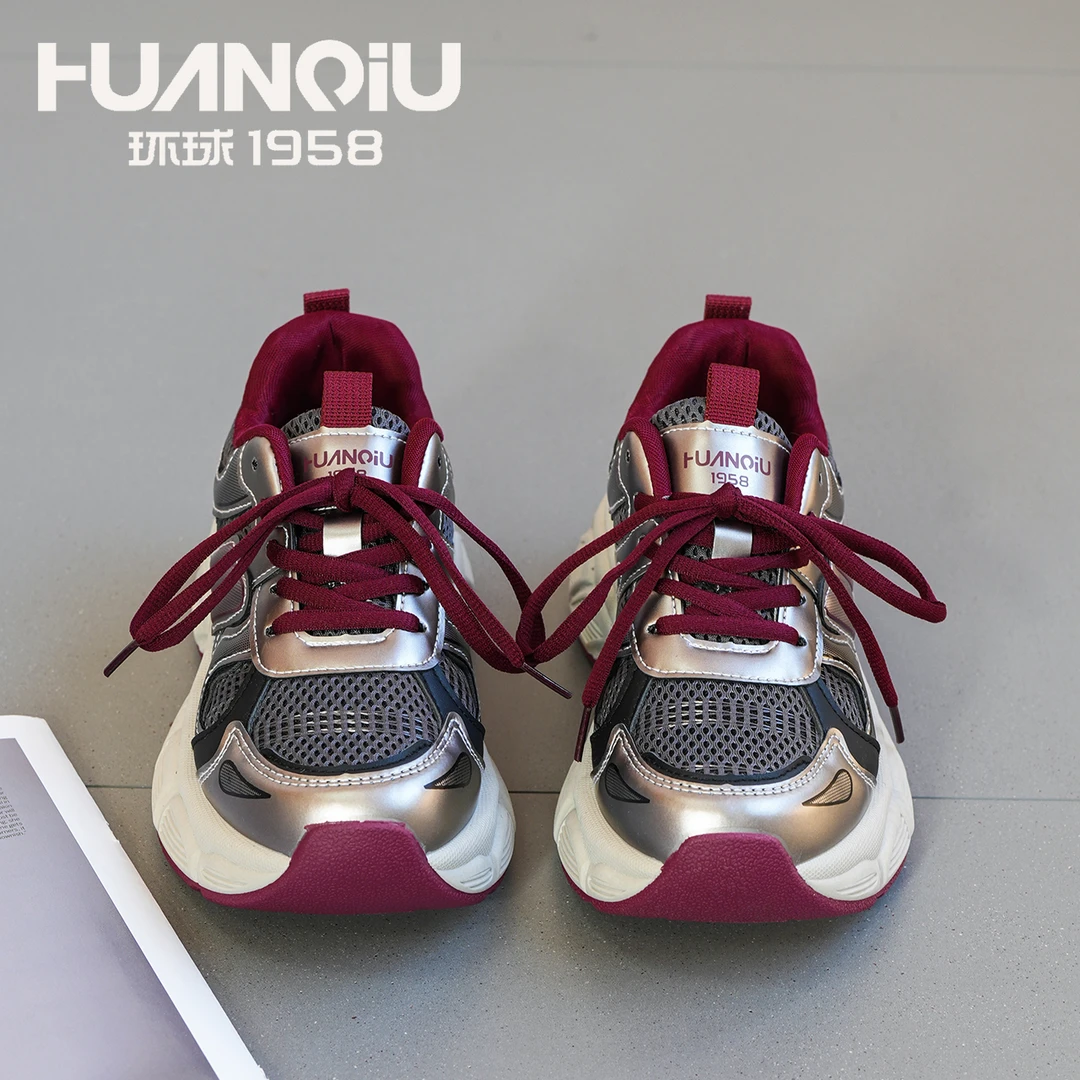 HUANQIU/环球女鞋2025新款时尚简约老爹鞋厚底增高学生校园运动鞋
