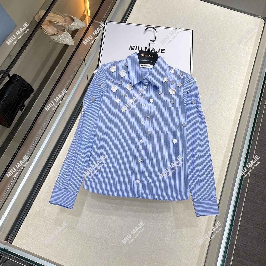 轻奢高端女装25夏季订花钉钻百搭韩版条纹衬衫DY4576