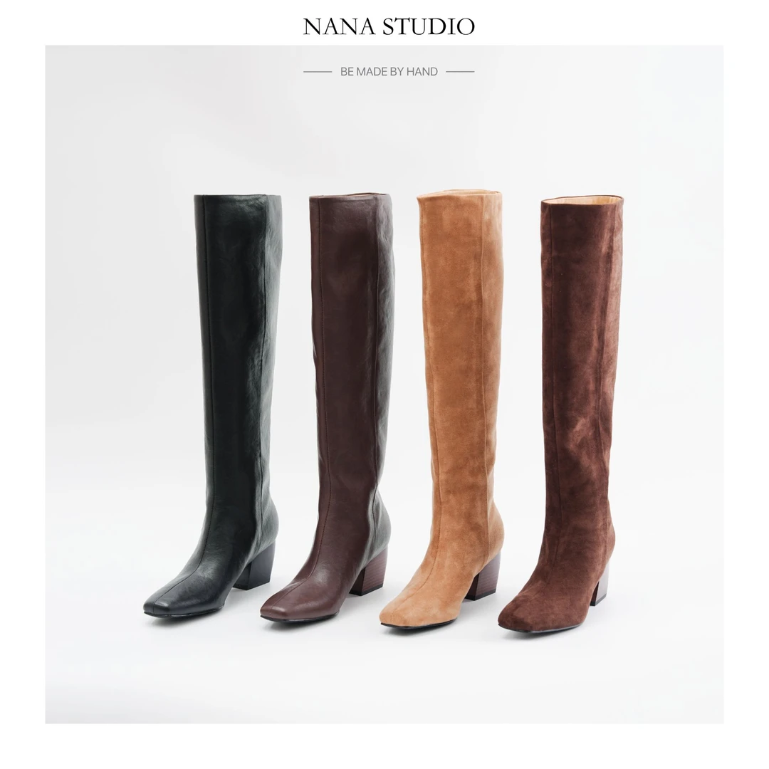 跟高6cm/34-40/冬季新款简约粗跟小方头真皮直筒显瘦显高及膝靴