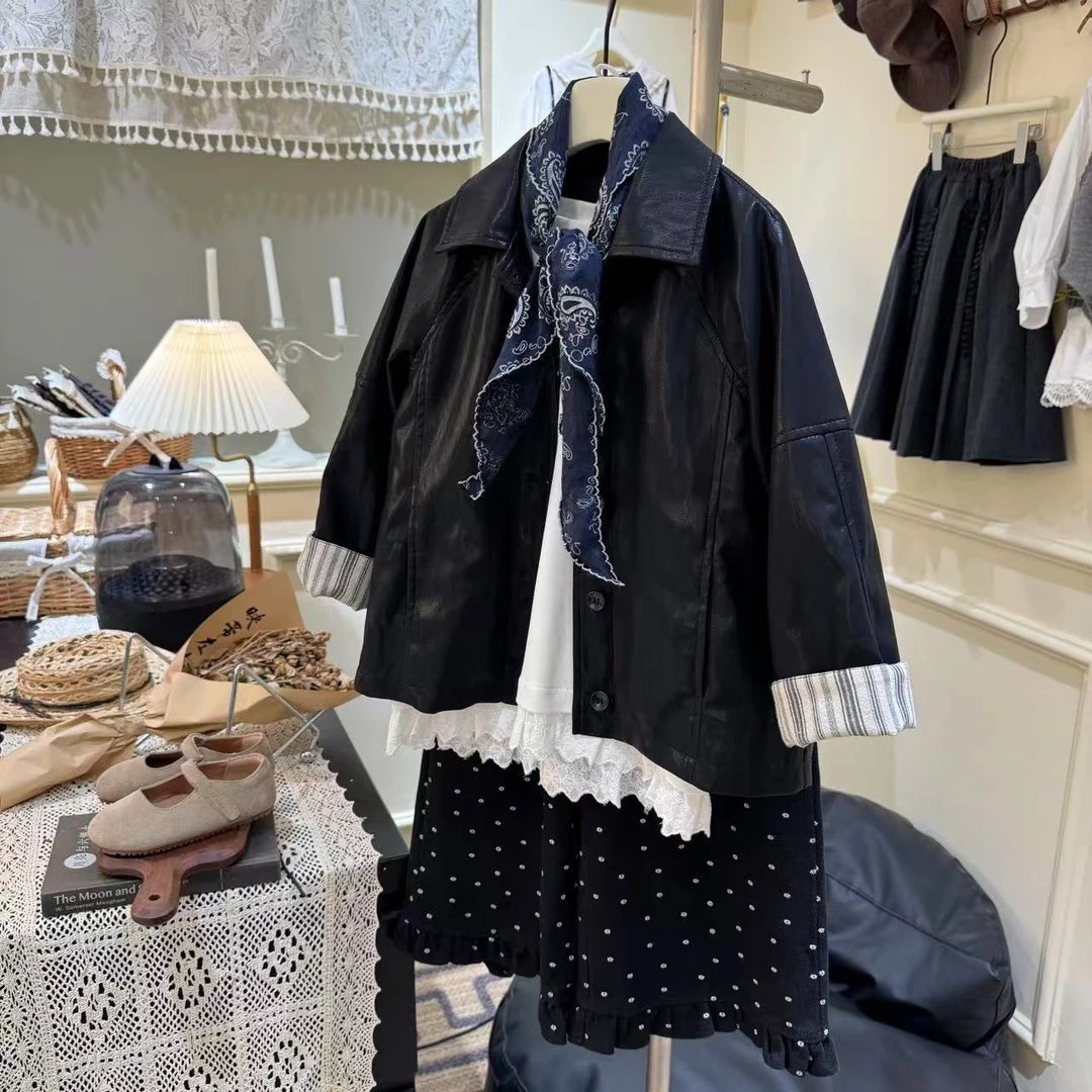 【巴黎街区】秋款夹克翻领童装皮衣黑色短款简约外套单排扣女童洋气