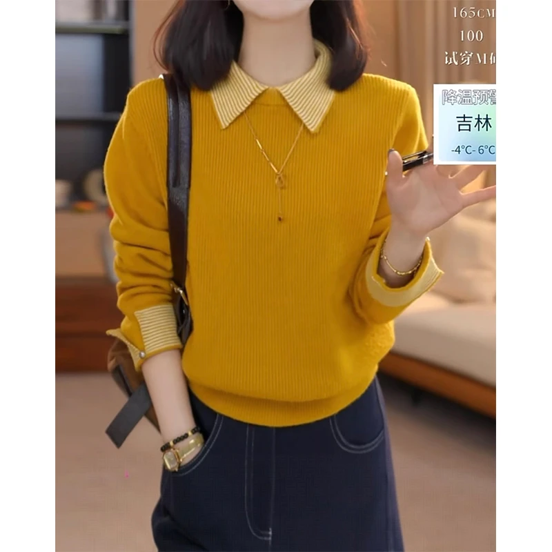 气质拼接外穿设计感假两件毛衣女秋冬洋气内搭翻领针织衫百搭打底