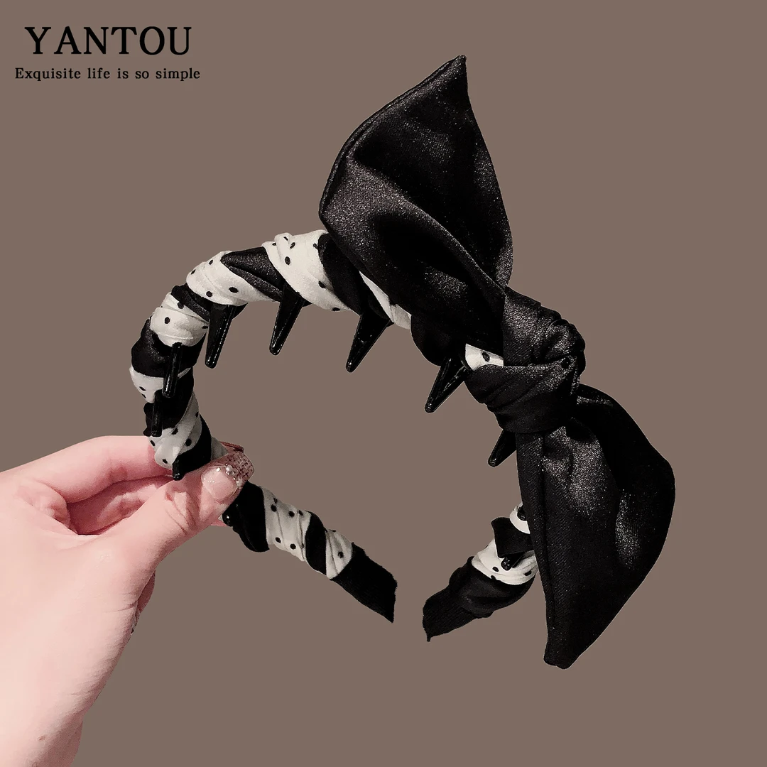 法式兔耳波点蝴蝶结齿梳发箍女高颅顶洗脸防滑压发卡日常外戴头箍