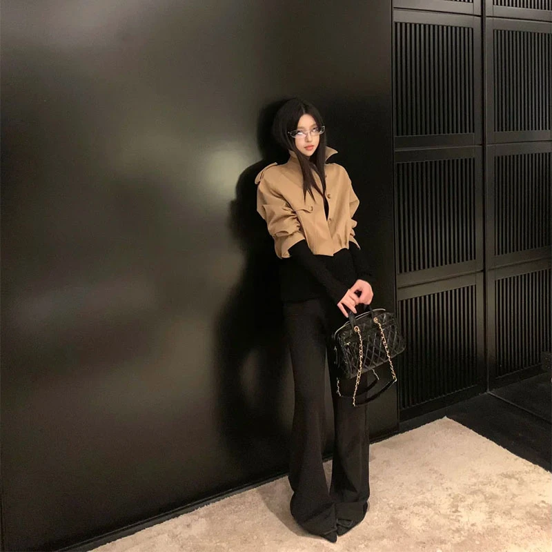 2025秋季新款巴恩风复古翻领夹克短款风衣外套+高腰显瘦阔腿长裤