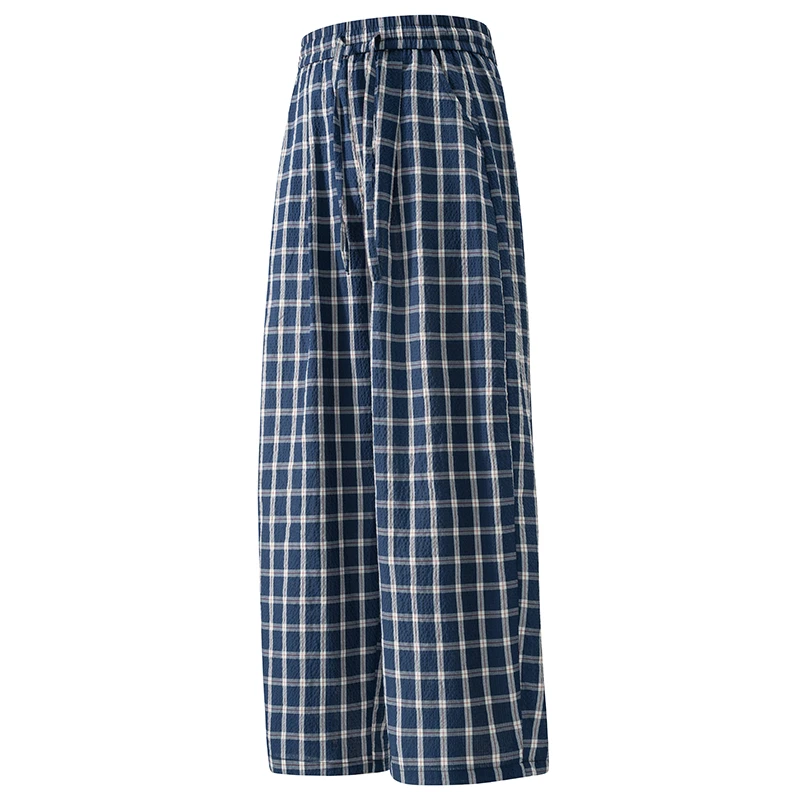 格纹无弹力阔腿裤男慵懒风印花居家长裤夏季休闲裤长裤夏秋家居裤