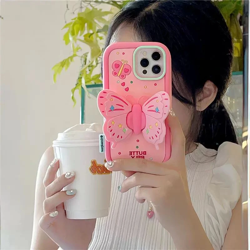 【苹果】立体蝴蝶支架粉色可爱适用iPhone16软硅胶女款15手机壳