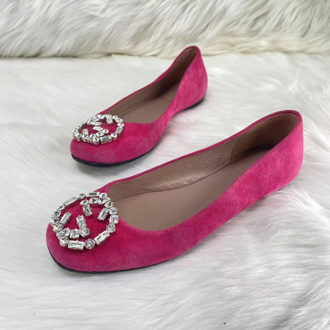 95新 GUCCI/古驰 36.5码/无配件/粉色人鱼水钻logo复古单鞋 808