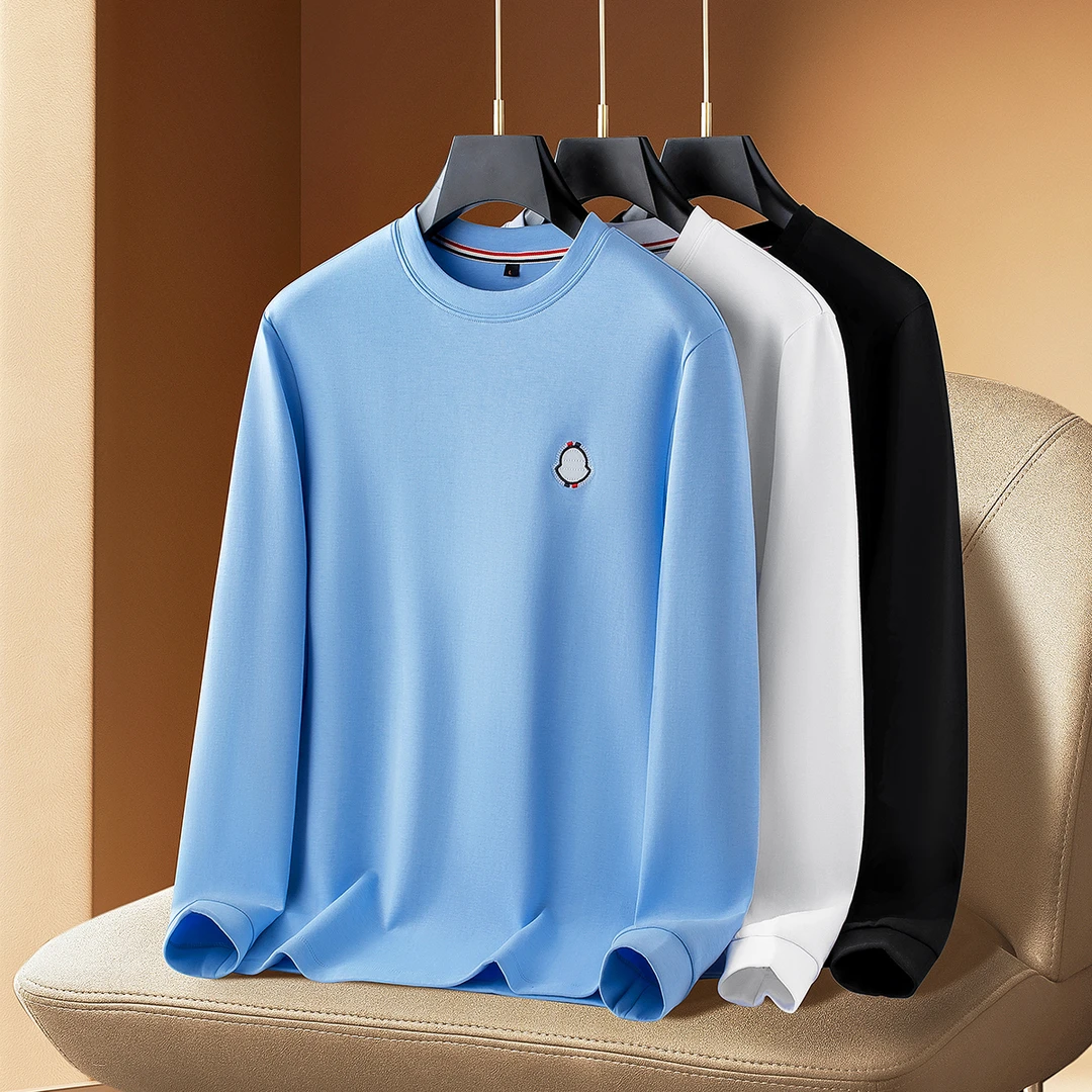 费韦戈摩秋冬时尚软糯空气层长袖T恤打底衫男士纯色圆领百搭卫衣